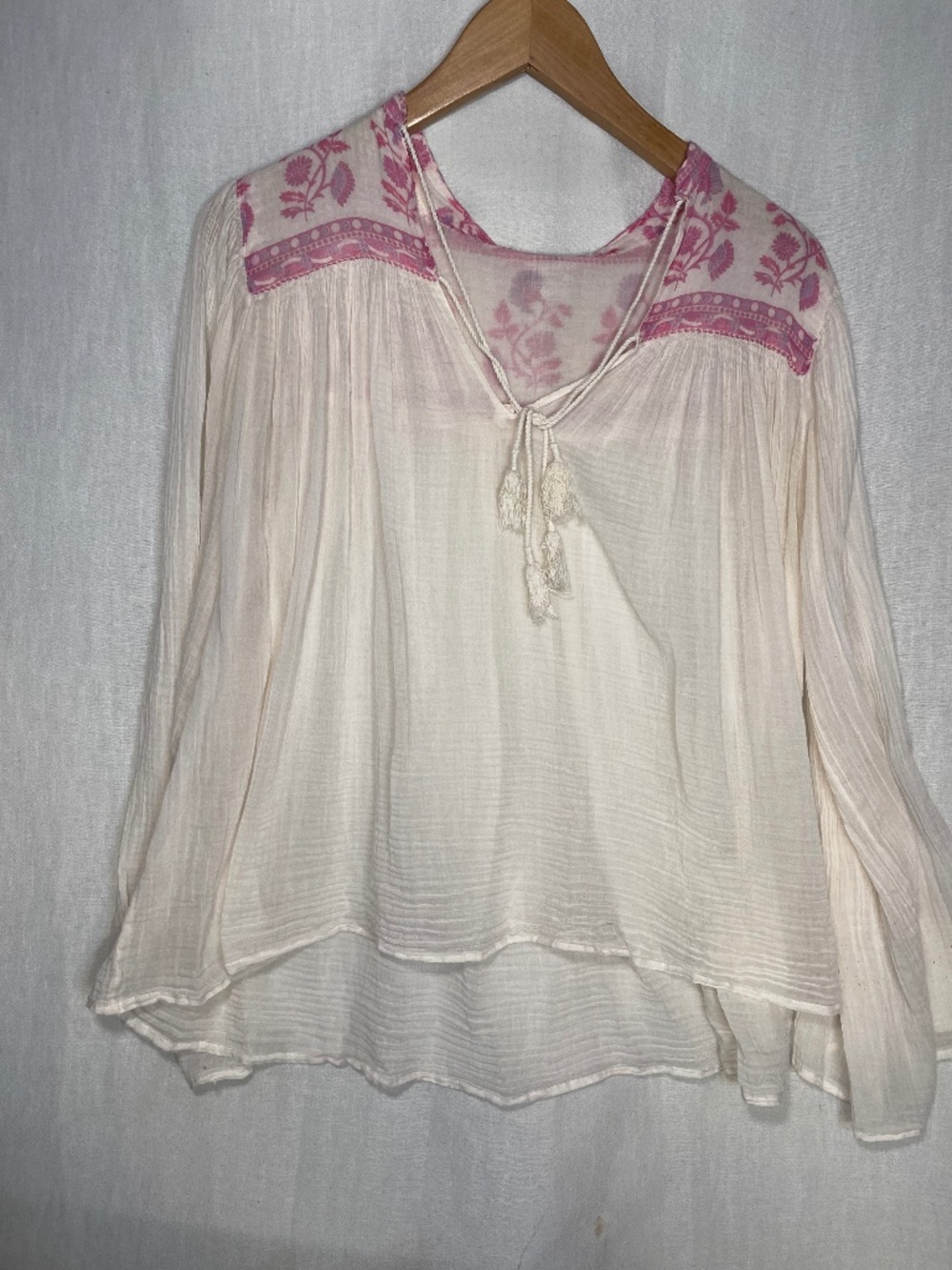Cream Peasant Blouse with Pink Embroidered Yoke